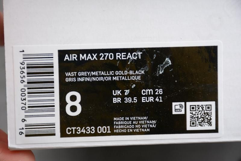 NikeUnisex Air Max 270 React - Vast Grey Metallic Gold