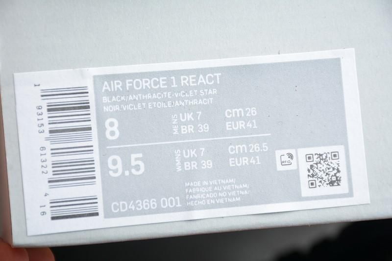 NikeUnisex Air Force 1 AF1 React - Black Violet Star Barely Volt