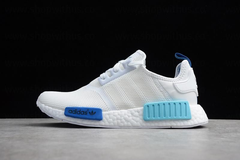 Nmd white blue glow best sale